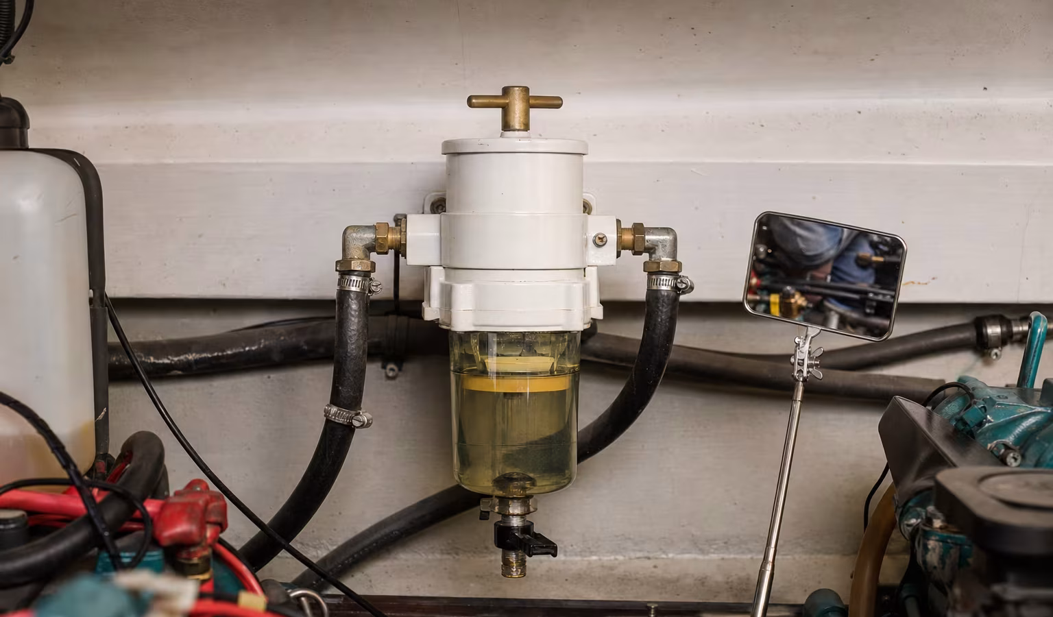 Kraftstofffilter mit Schauglas wird mit Spiegel auf der Rückseite kontrolliert