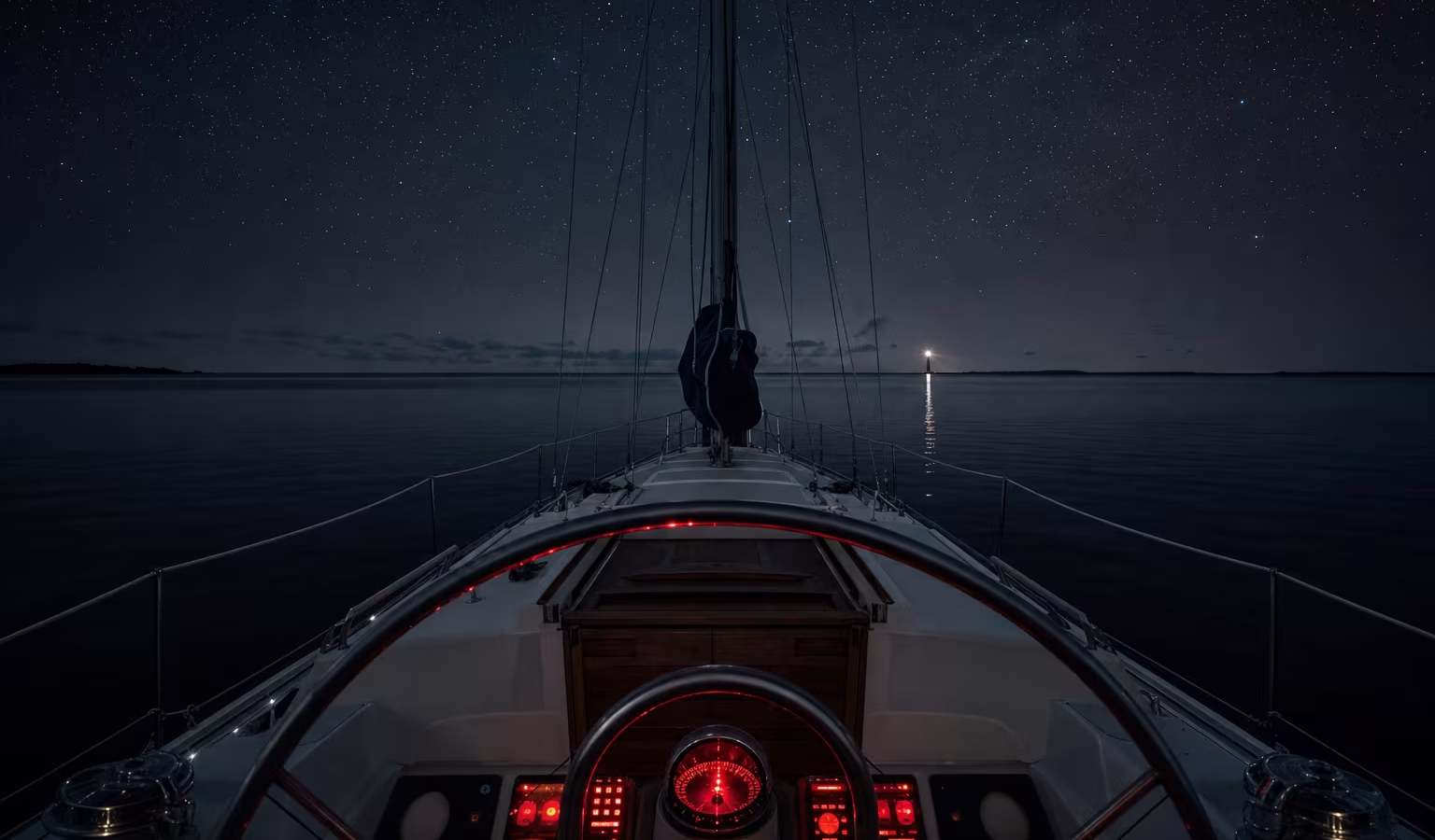 Segelyacht bei Nacht mit leuchtenden Positionslichtern unter Sternenhimmel