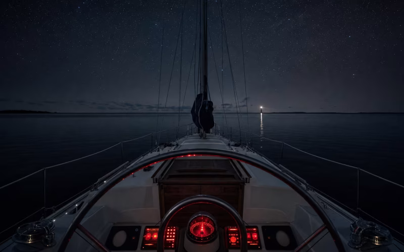Segelyacht bei Nacht mit leuchtenden Positionslichtern unter Sternenhimmel