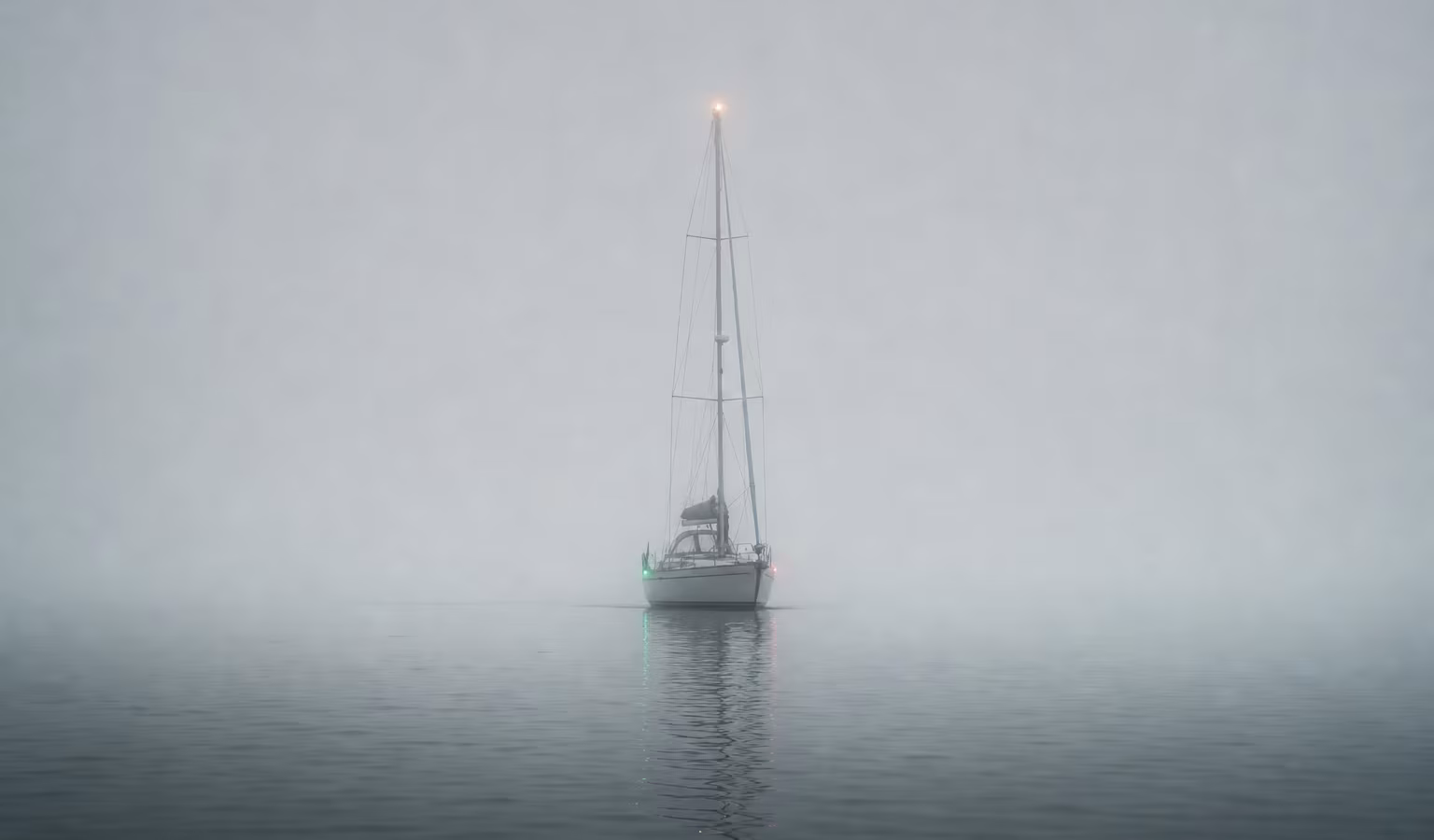 Segelyacht mit brennenden Positionslampen gleitet durch dichten grauen Nebel auf ruhigem Wasser