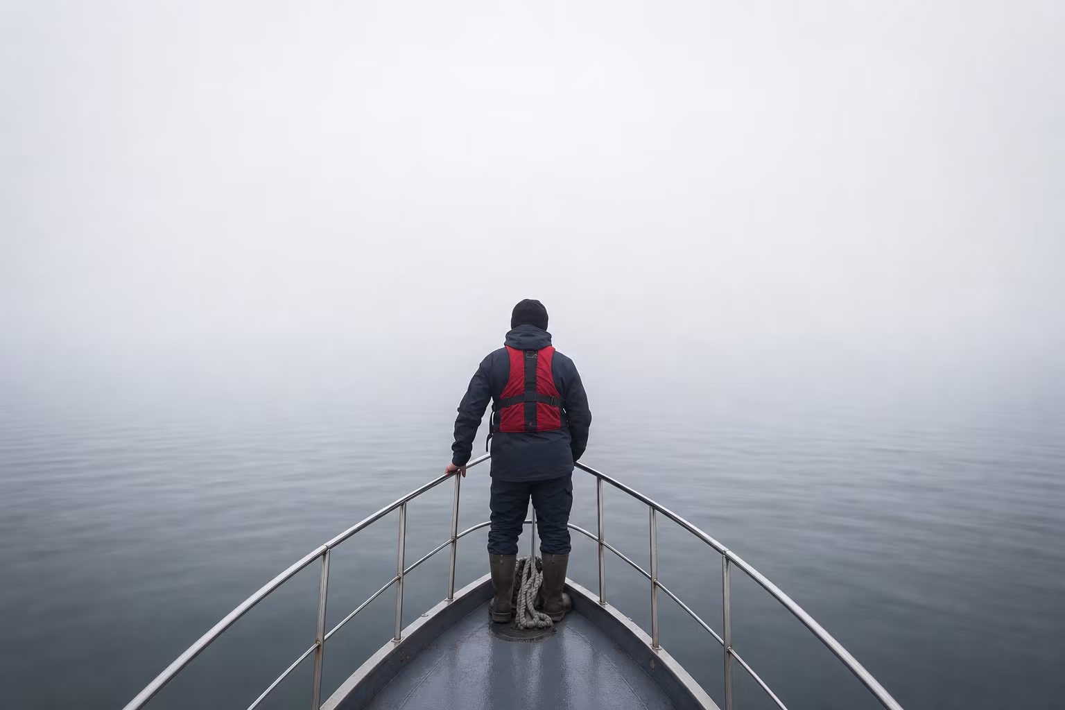 Crewmitglied in Rettungsweste steht am Bug und hält bei dichtem Nebel Ausguck