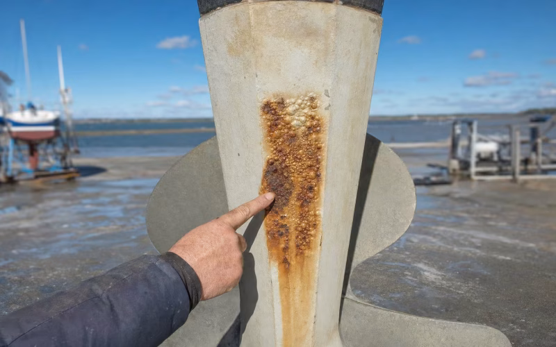 Finger zeigt auf braune Rostblasen, die unter dem Lack an einem Bootsbauteil aufblühen, Boot steht an Land