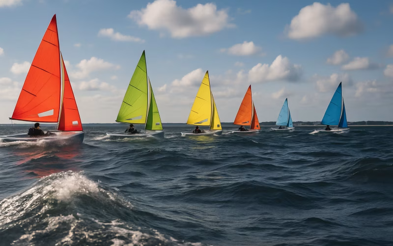 Feld kleiner Regattajollen mit bunten Segeln auf der Ostsee bei frischem Wind