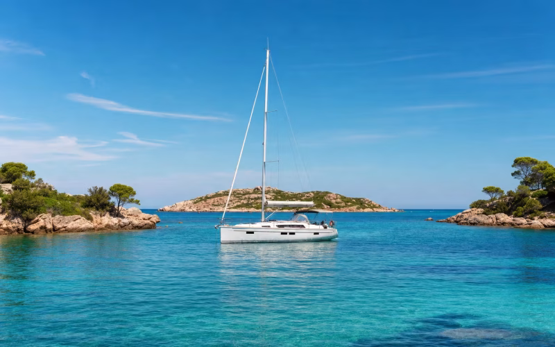 Weiße Segelyacht liegt vor Anker in einer türkisen Bucht mit rosa Granitfelsen bei Sardinien