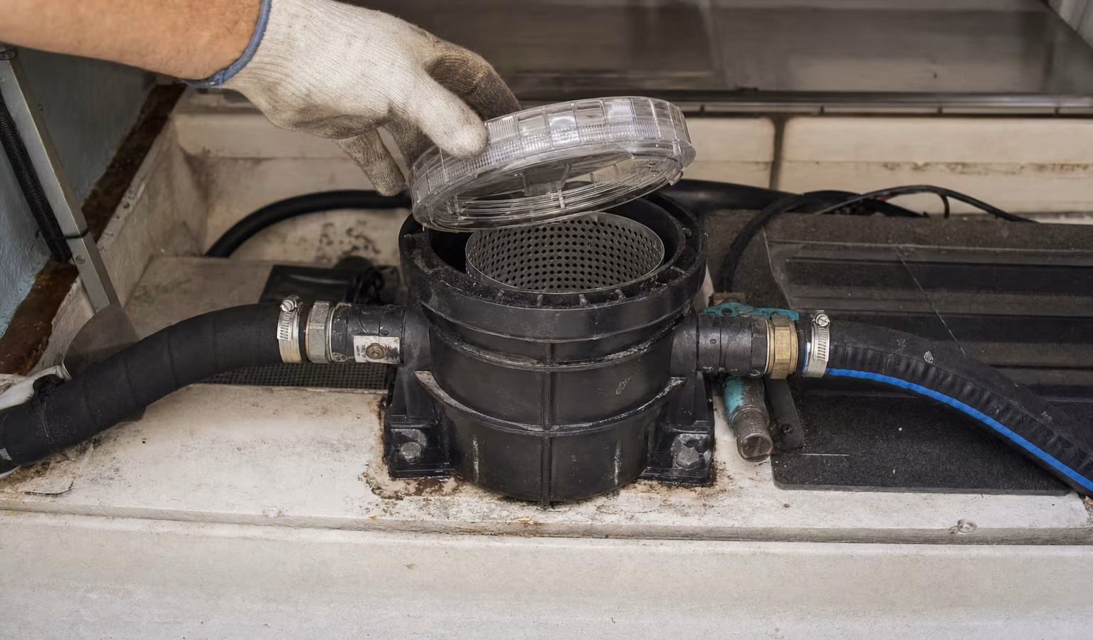 Seewasserfilter mit durchsichtigem Deckel im Motorraum eines Bootes