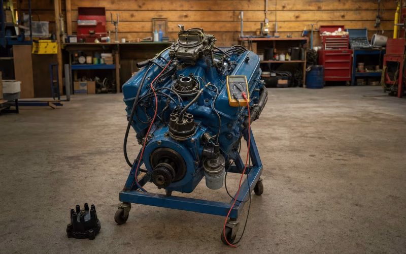 Blauer Bootsmotor auf einem Montagebock, Verteilerkappe abgenommen, Multimeter auf dem Block