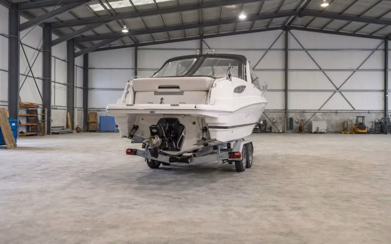 Motorboot auf dem Trailer in einer Halle, Blick von hinten auf den Z-Antrieb mit Trimmzylindern